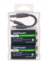 00-00031391 Аккумулятор бытовой Крона Li-ion 9В 500мАч Type-C, 2шт, GoPower - 00-00031391 Аккумулятор бытовой Крона Li-ion 9В 500мАч Type-C, 2шт, GoPower