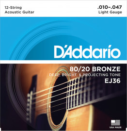 EJ36 BRONZE 80/20 Струны для акустической 12-струнной гитары бронза Light 10-47 D`Addario - EJ36 BRONZE 80/20 Струны для акустической 12-струнной гитары бронза Light 10-47 D`Addario